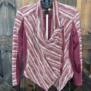 Lucky Brand Sweater Jacket Size M Maroon Mixed Media Side Zip‎ Southwestern Boho